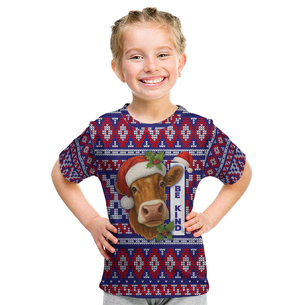 Cow in Santa Hat Be Kind Message Kid T Shirt with Red Blue Knit Pattern Design - Wonder Print Shop