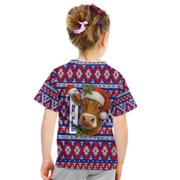 Cow in Santa Hat Be Kind Message Kid T Shirt with Red Blue Knit Pattern Design - Wonder Print Shop