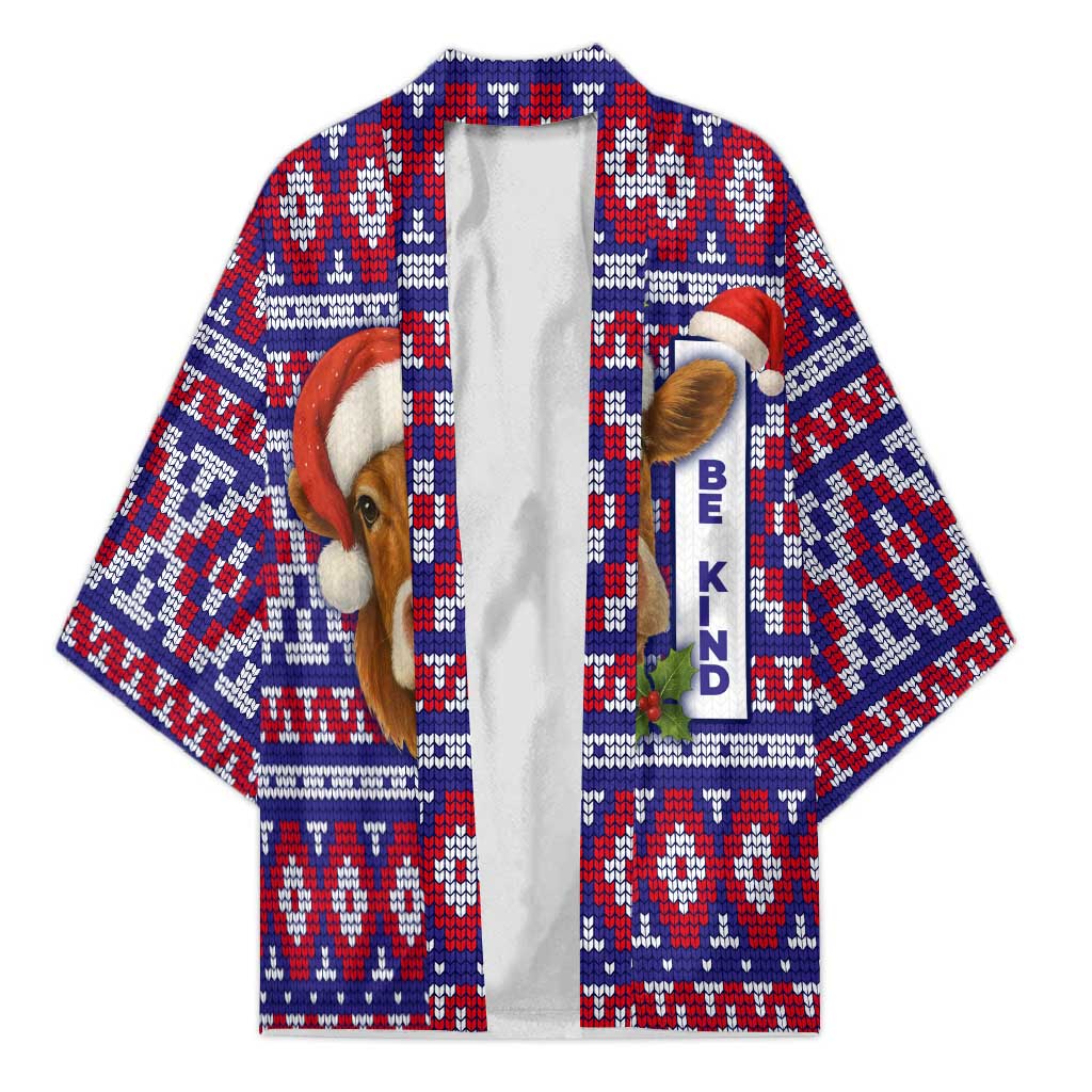 Cow in Santa Hat Be Kind Message Kimono with Red Blue Knit Pattern Design - Wonder Print Shop