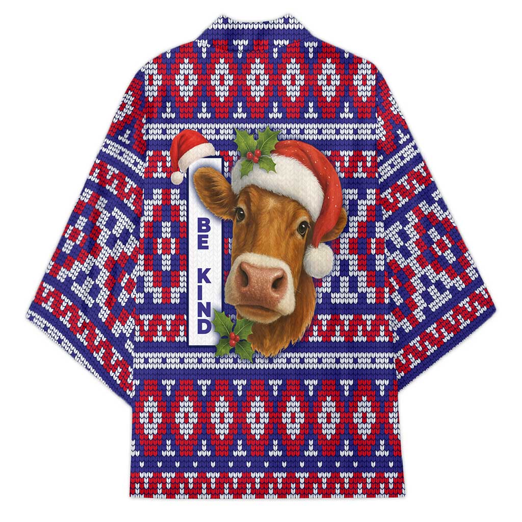 Cow in Santa Hat Be Kind Message Kimono with Red Blue Knit Pattern Design - Wonder Print Shop