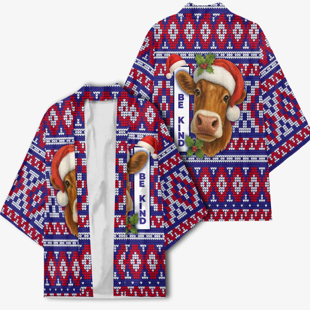 Cow in Santa Hat Be Kind Message Kimono with Red Blue Knit Pattern Design - Wonder Print Shop