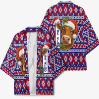 Cow in Santa Hat Be Kind Message Kimono with Red Blue Knit Pattern Design - Wonder Print Shop