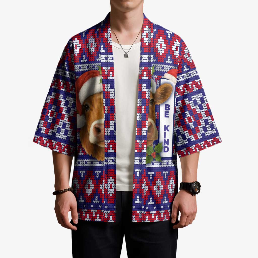Cow in Santa Hat Be Kind Message Kimono with Red Blue Knit Pattern Design - Wonder Print Shop