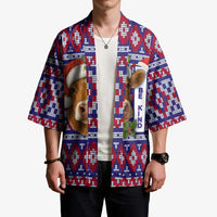 Cow in Santa Hat Be Kind Message Kimono with Red Blue Knit Pattern Design - Wonder Print Shop