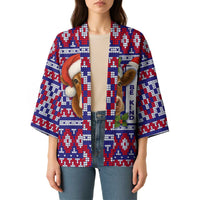 Cow in Santa Hat Be Kind Message Kimono with Red Blue Knit Pattern Design - Wonder Print Shop