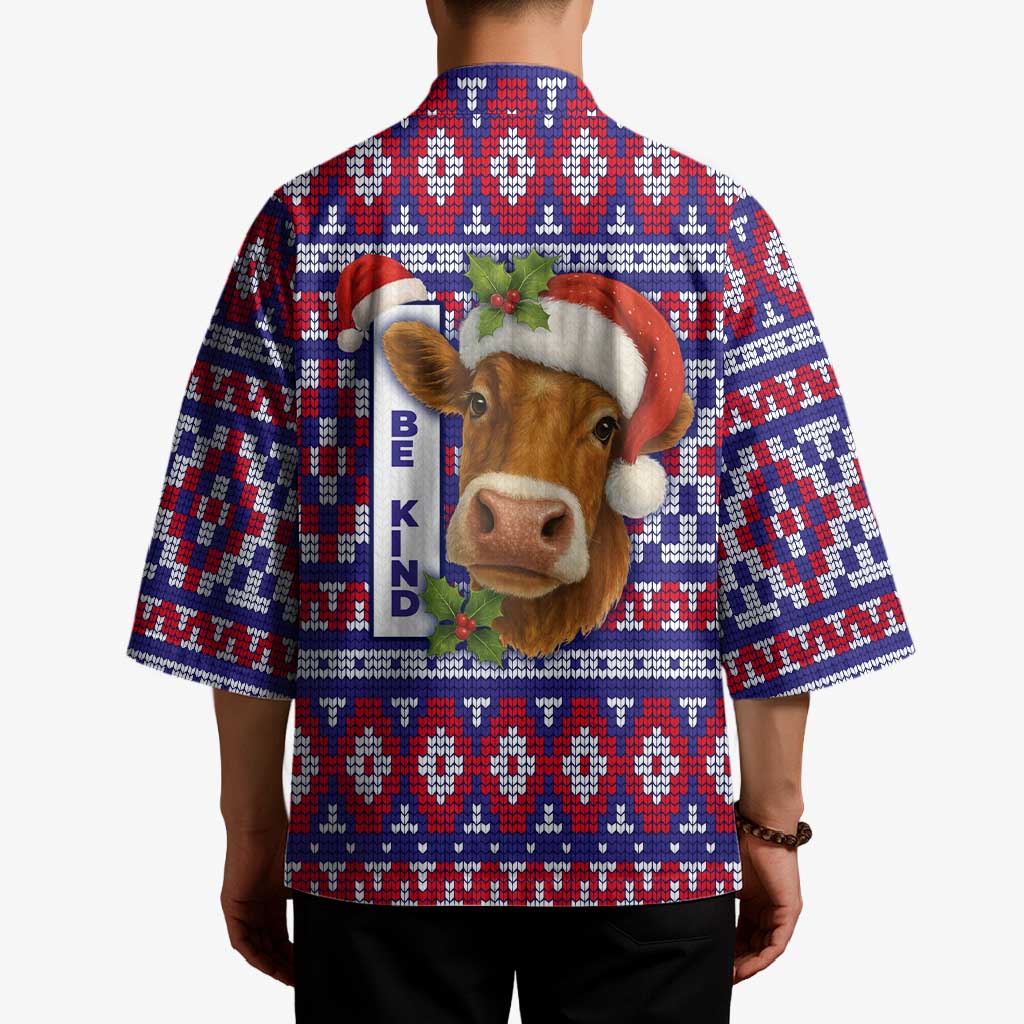Cow in Santa Hat Be Kind Message Kimono with Red Blue Knit Pattern Design - Wonder Print Shop