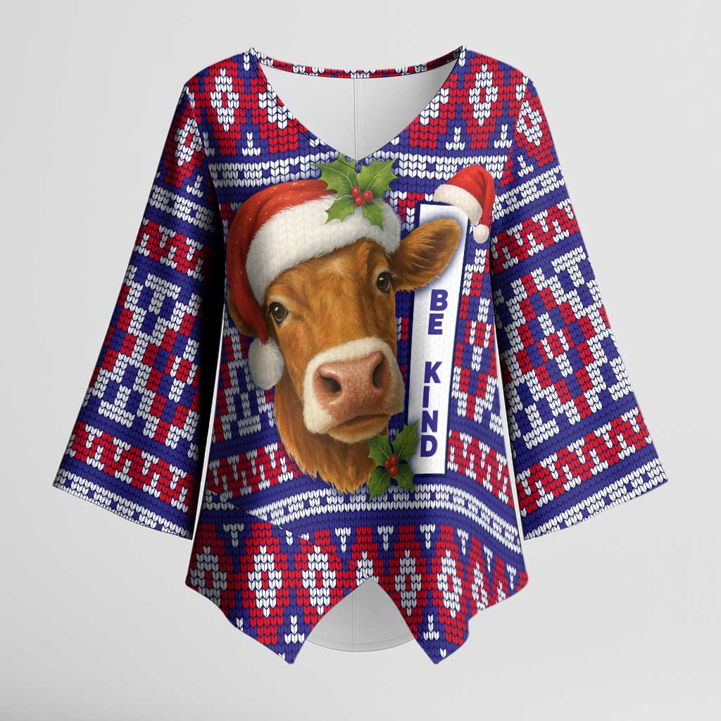 Cow in Santa Hat Be Kind Message Kimono Sleeve Blouse with Red Blue Knit Pattern Design - Wonder Print Shop
