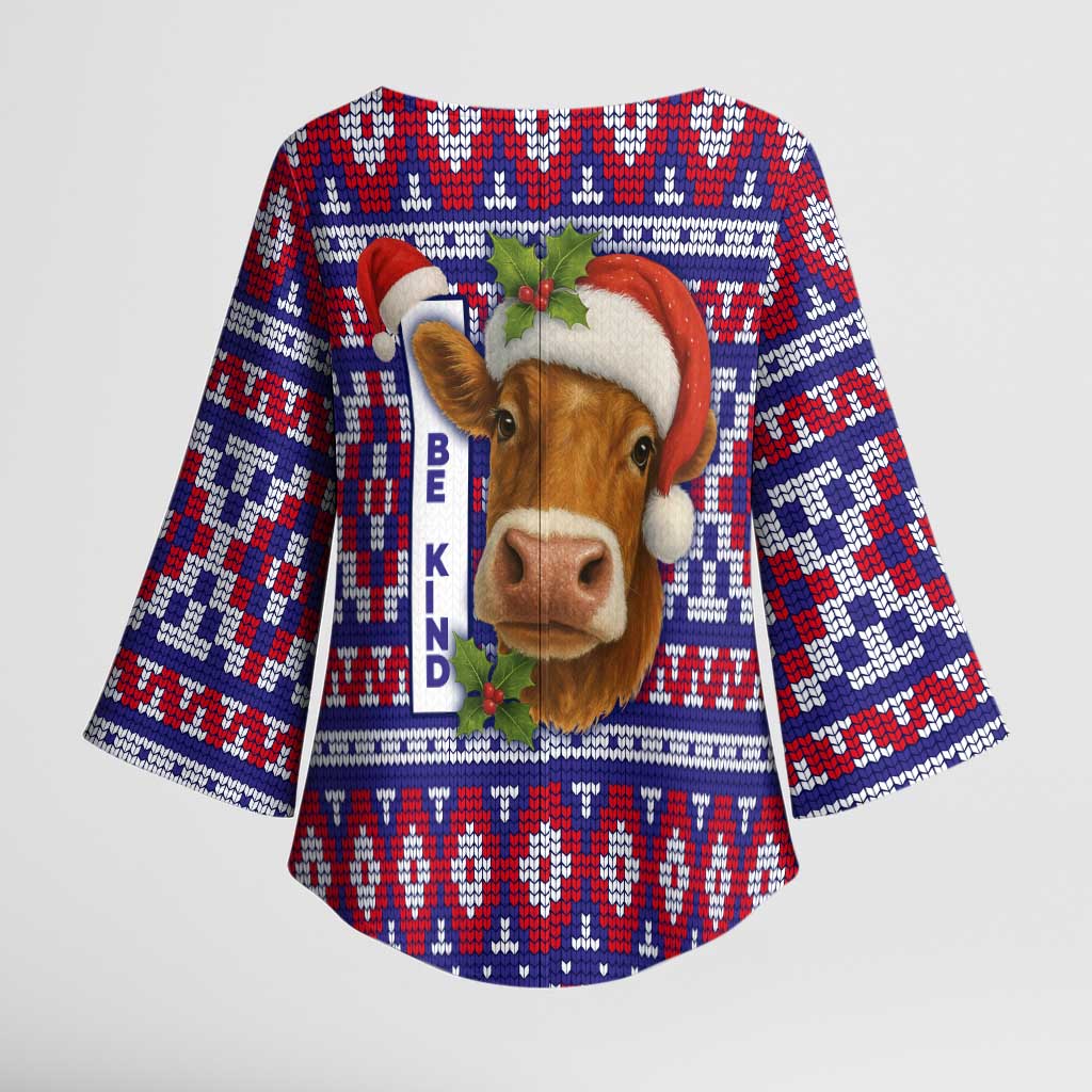 Cow in Santa Hat Be Kind Message Kimono Sleeve Blouse with Red Blue Knit Pattern Design - Wonder Print Shop