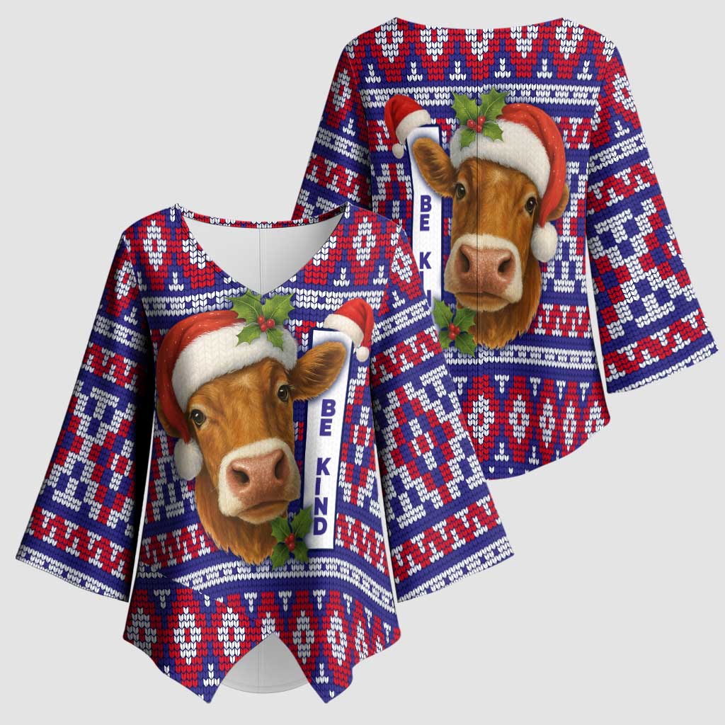 Cow in Santa Hat Be Kind Message Kimono Sleeve Blouse with Red Blue Knit Pattern Design - Wonder Print Shop