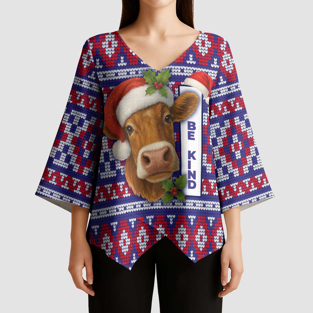 Cow in Santa Hat Be Kind Message Kimono Sleeve Blouse with Red Blue Knit Pattern Design - Wonder Print Shop