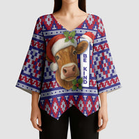 Cow in Santa Hat Be Kind Message Kimono Sleeve Blouse with Red Blue Knit Pattern Design - Wonder Print Shop