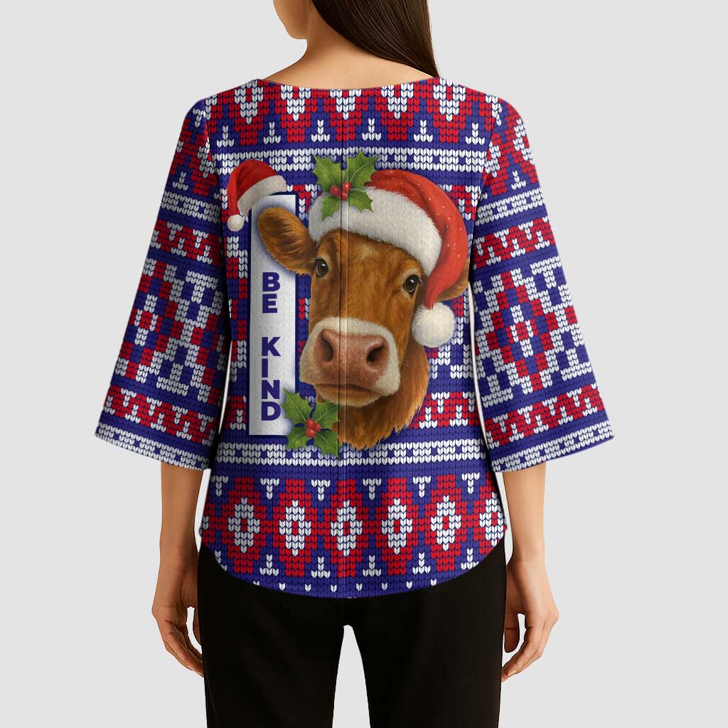 Cow in Santa Hat Be Kind Message Kimono Sleeve Blouse with Red Blue Knit Pattern Design - Wonder Print Shop
