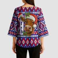 Cow in Santa Hat Be Kind Message Kimono Sleeve Blouse with Red Blue Knit Pattern Design - Wonder Print Shop