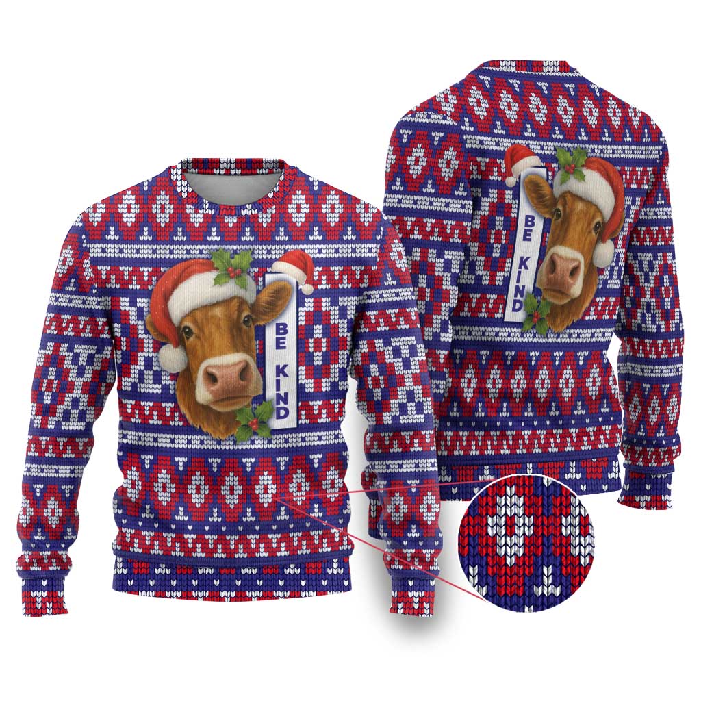 Cow in Santa Hat Be Kind Message Ugly Christmas Sweater with Red Blue Knit Pattern Design - Wonder Print Shop