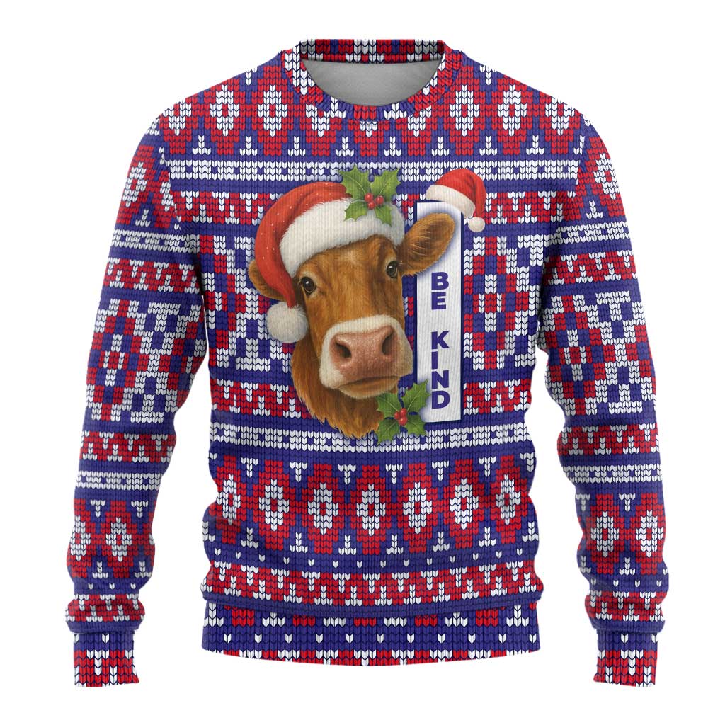 Cow in Santa Hat Be Kind Message Ugly Christmas Sweater with Red Blue Knit Pattern Design - Wonder Print Shop