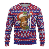 Cow in Santa Hat Be Kind Message Ugly Christmas Sweater with Red Blue Knit Pattern Design - Wonder Print Shop