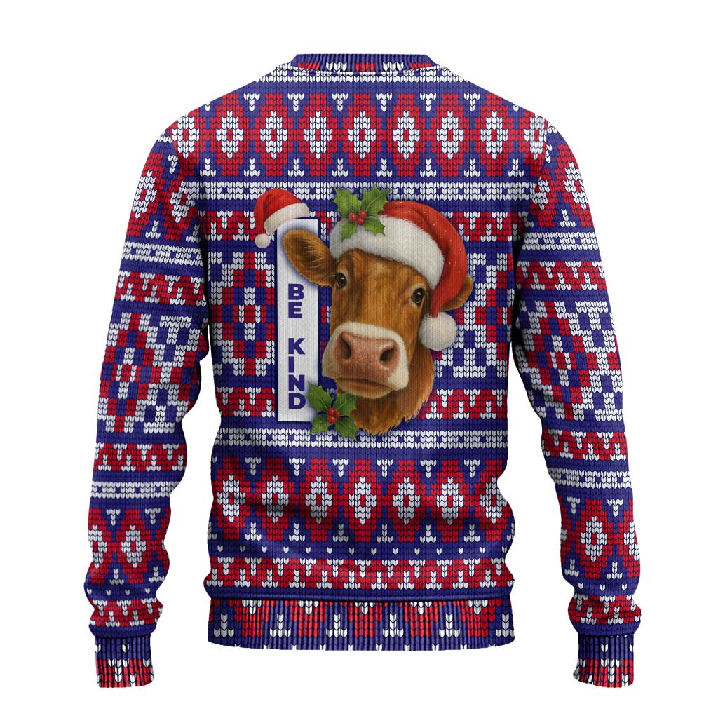 Cow in Santa Hat Be Kind Message Ugly Christmas Sweater with Red Blue Knit Pattern Design - Wonder Print Shop