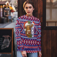 Cow in Santa Hat Be Kind Message Ugly Christmas Sweater with Red Blue Knit Pattern Design - Wonder Print Shop