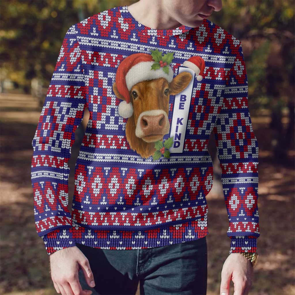 Cow in Santa Hat Be Kind Message Ugly Christmas Sweater with Red Blue Knit Pattern Design - Wonder Print Shop