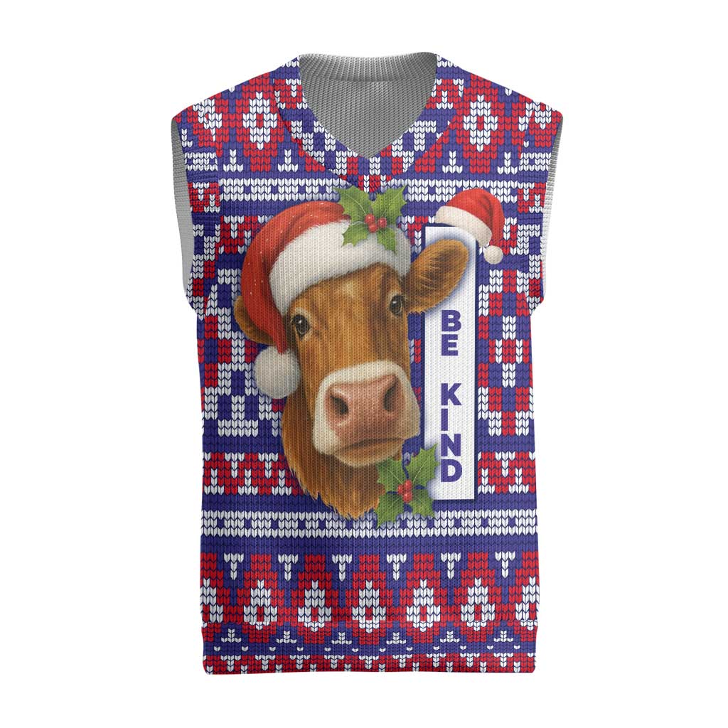 Cow in Santa Hat Be Kind Message Christmas Knitted V-Neck Vest with Red Blue Knit Pattern Design - Wonder Print Shop