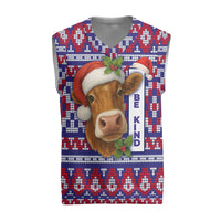 Cow in Santa Hat Be Kind Message Christmas Knitted V-Neck Vest with Red Blue Knit Pattern Design - Wonder Print Shop