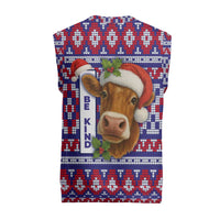 Cow in Santa Hat Be Kind Message Christmas Knitted V-Neck Vest with Red Blue Knit Pattern Design - Wonder Print Shop