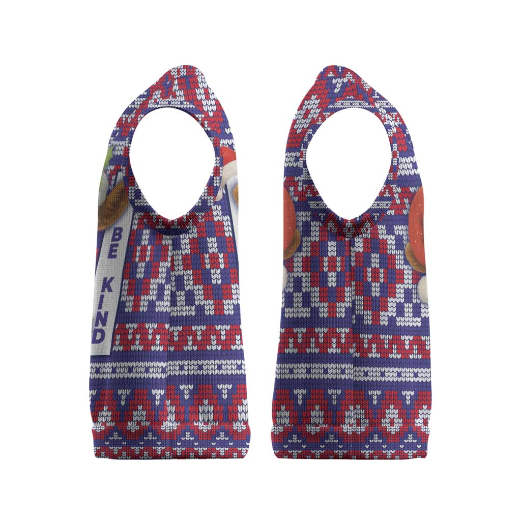 Cow in Santa Hat Be Kind Message Christmas Knitted V-Neck Vest with Red Blue Knit Pattern Design - Wonder Print Shop