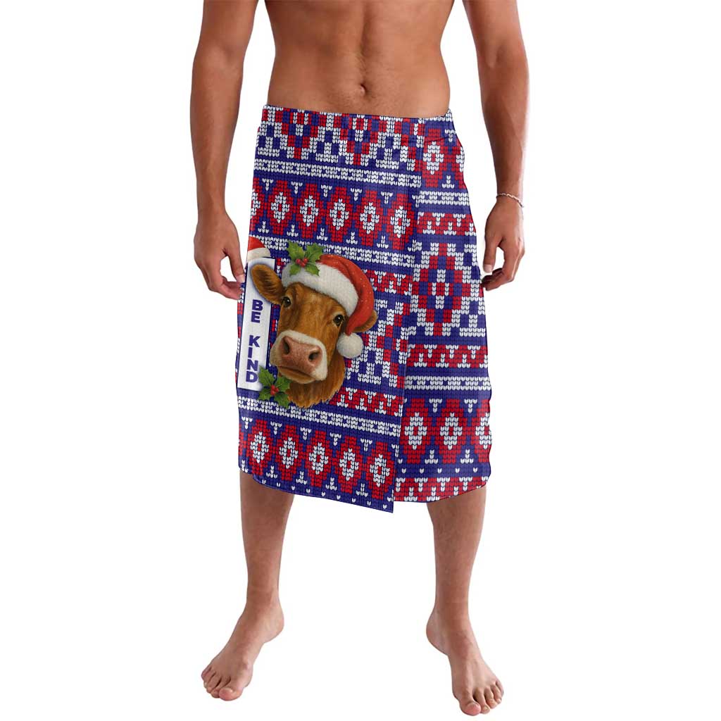 Cow in Santa Hat Be Kind Message Lavalava with Red Blue Knit Pattern Design - Wonder Print Shop