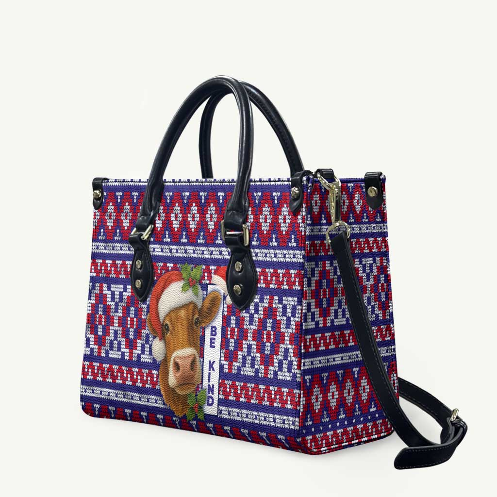 Cow in Santa Hat Be Kind Message Leather Bag with Red Blue Knit Pattern Design - Wonder Print Shop