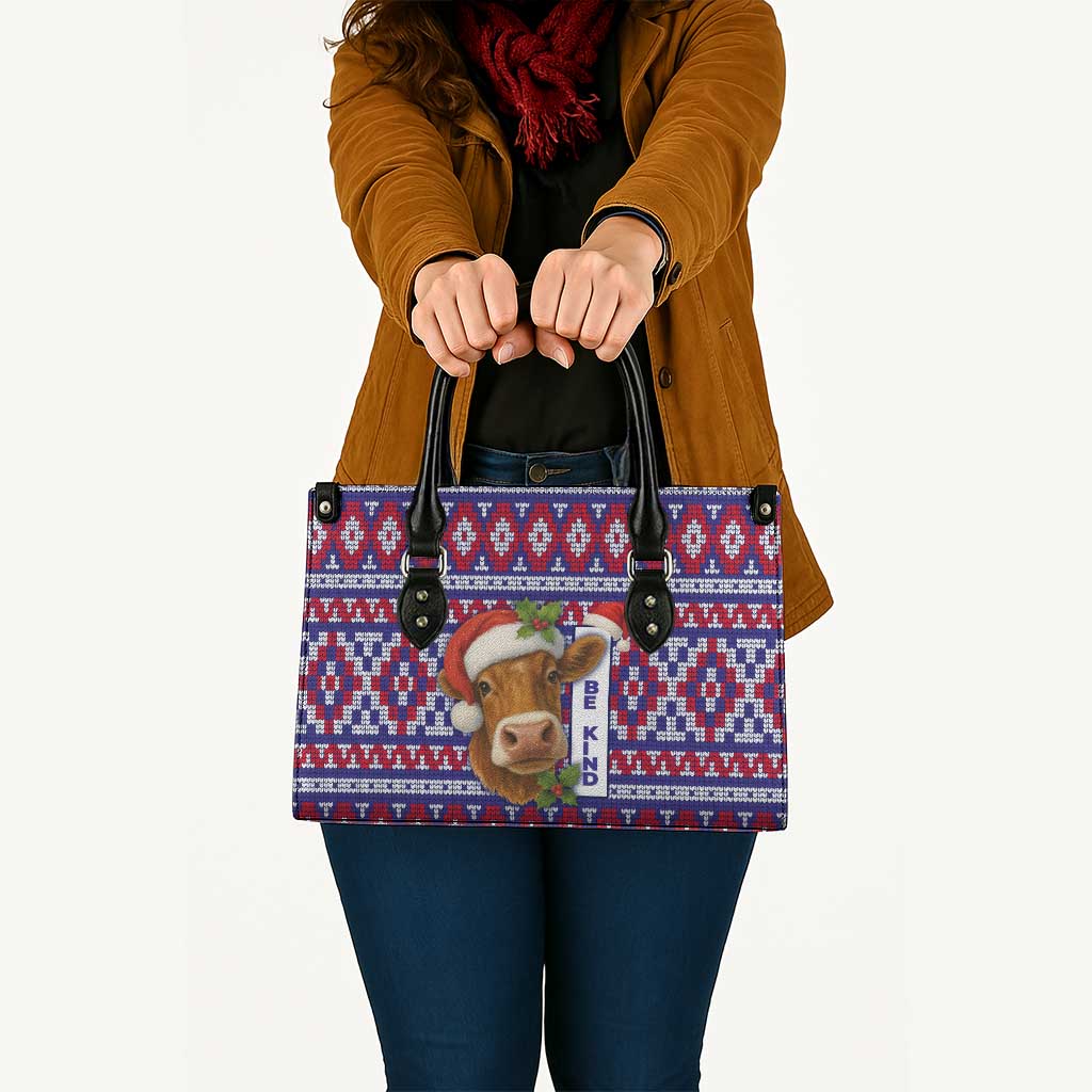 Cow in Santa Hat Be Kind Message Leather Bag with Red Blue Knit Pattern Design - Wonder Print Shop