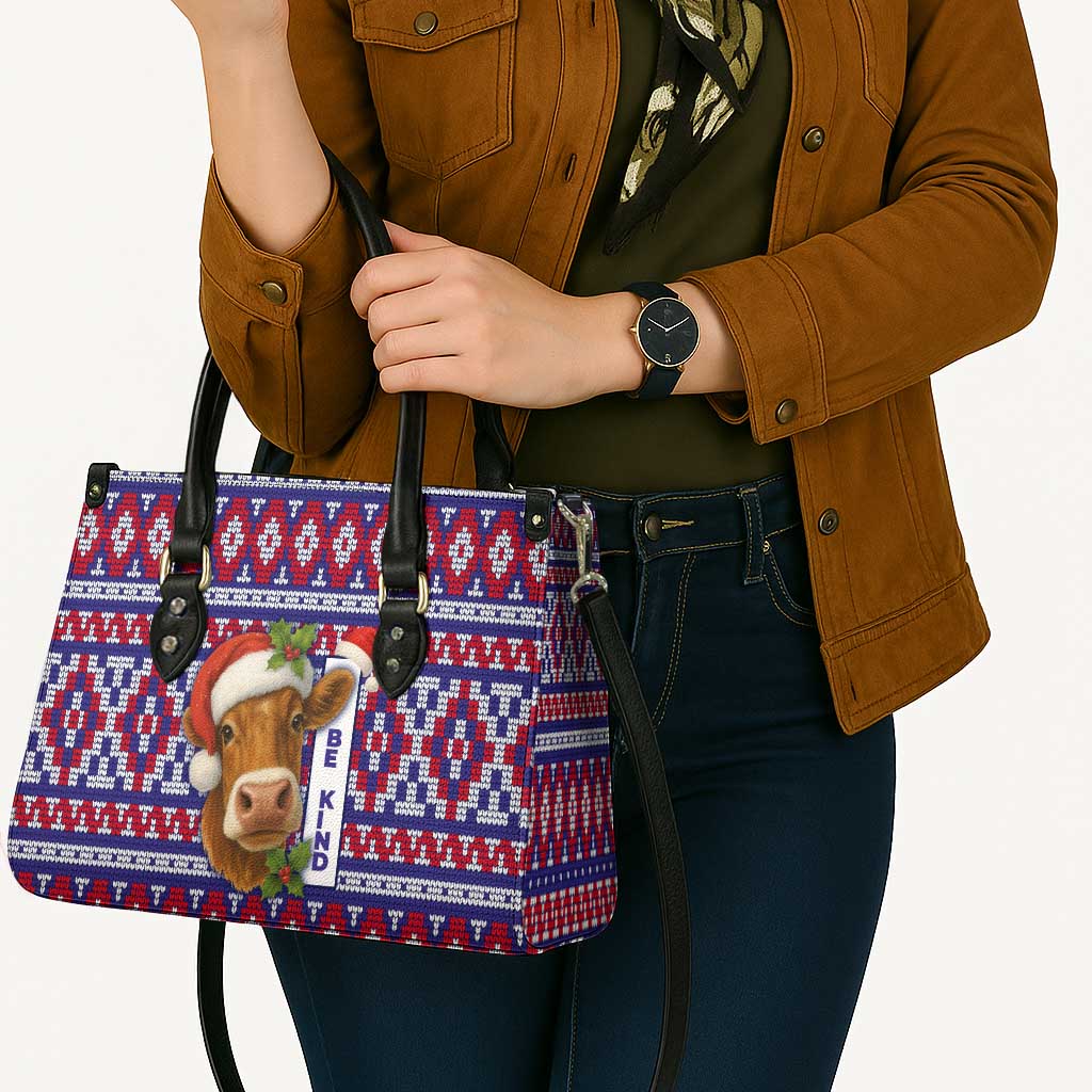 Cow in Santa Hat Be Kind Message Leather Bag with Red Blue Knit Pattern Design - Wonder Print Shop