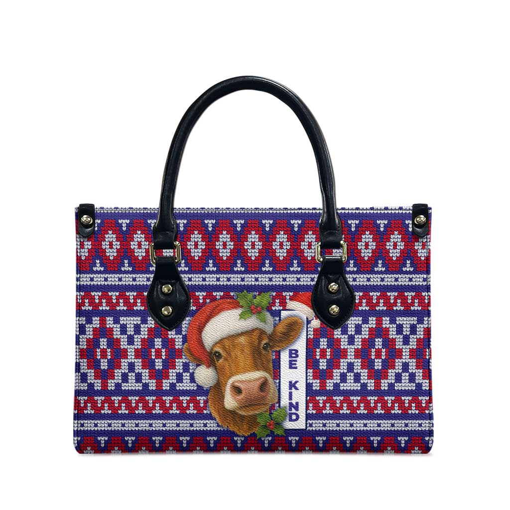 Cow in Santa Hat Be Kind Message Leather Bag with Red Blue Knit Pattern Design - Wonder Print Shop
