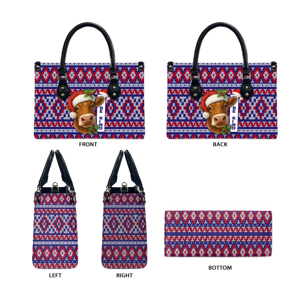 Cow in Santa Hat Be Kind Message Leather Bag with Red Blue Knit Pattern Design - Wonder Print Shop