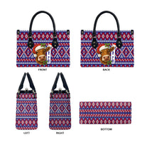 Cow in Santa Hat Be Kind Message Leather Bag with Red Blue Knit Pattern Design - Wonder Print Shop