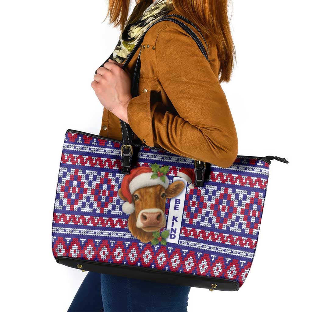 Cow in Santa Hat Be Kind Message Leather Tote Bag with Red Blue Knit Pattern Design - Wonder Print Shop