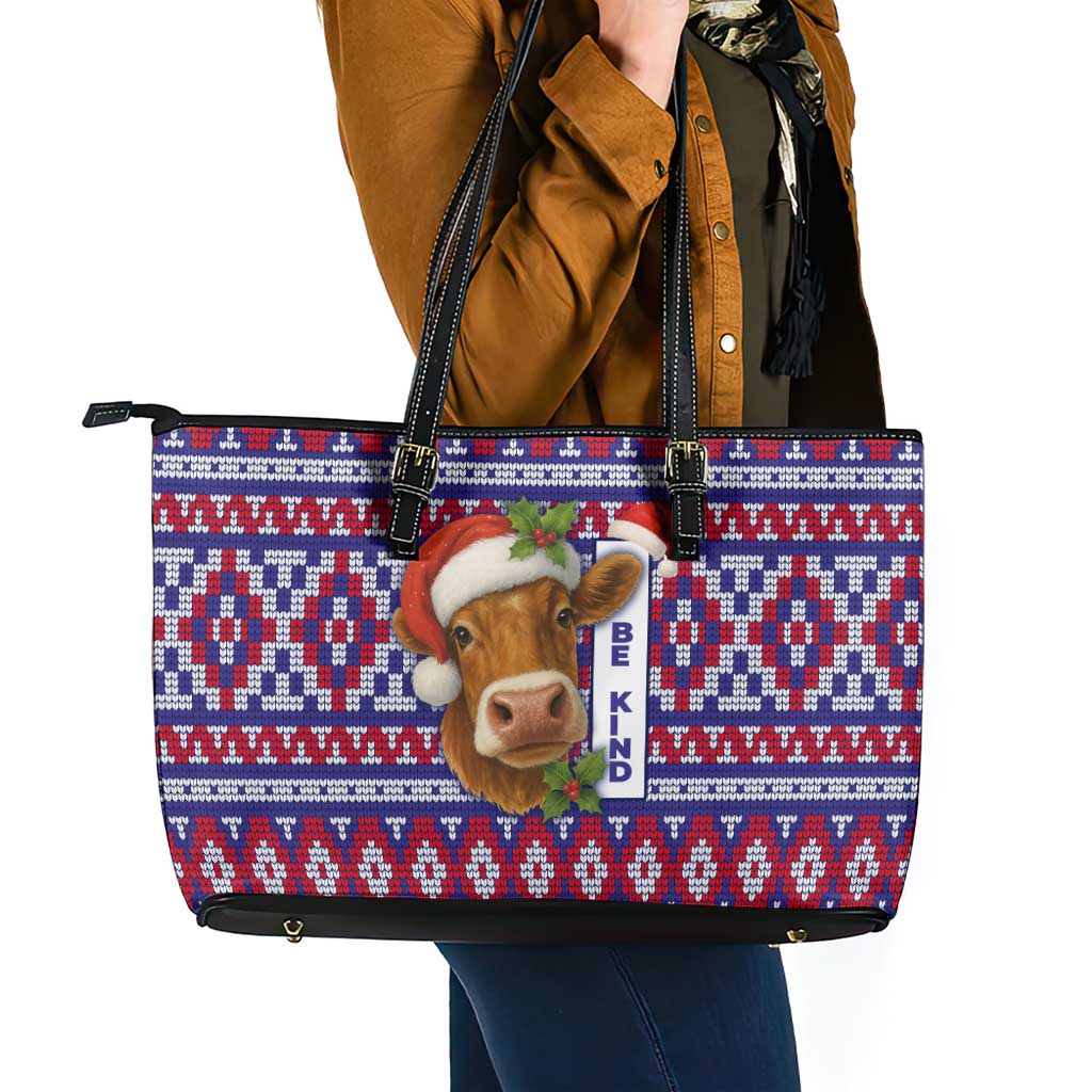 Cow in Santa Hat Be Kind Message Leather Tote Bag with Red Blue Knit Pattern Design - Wonder Print Shop