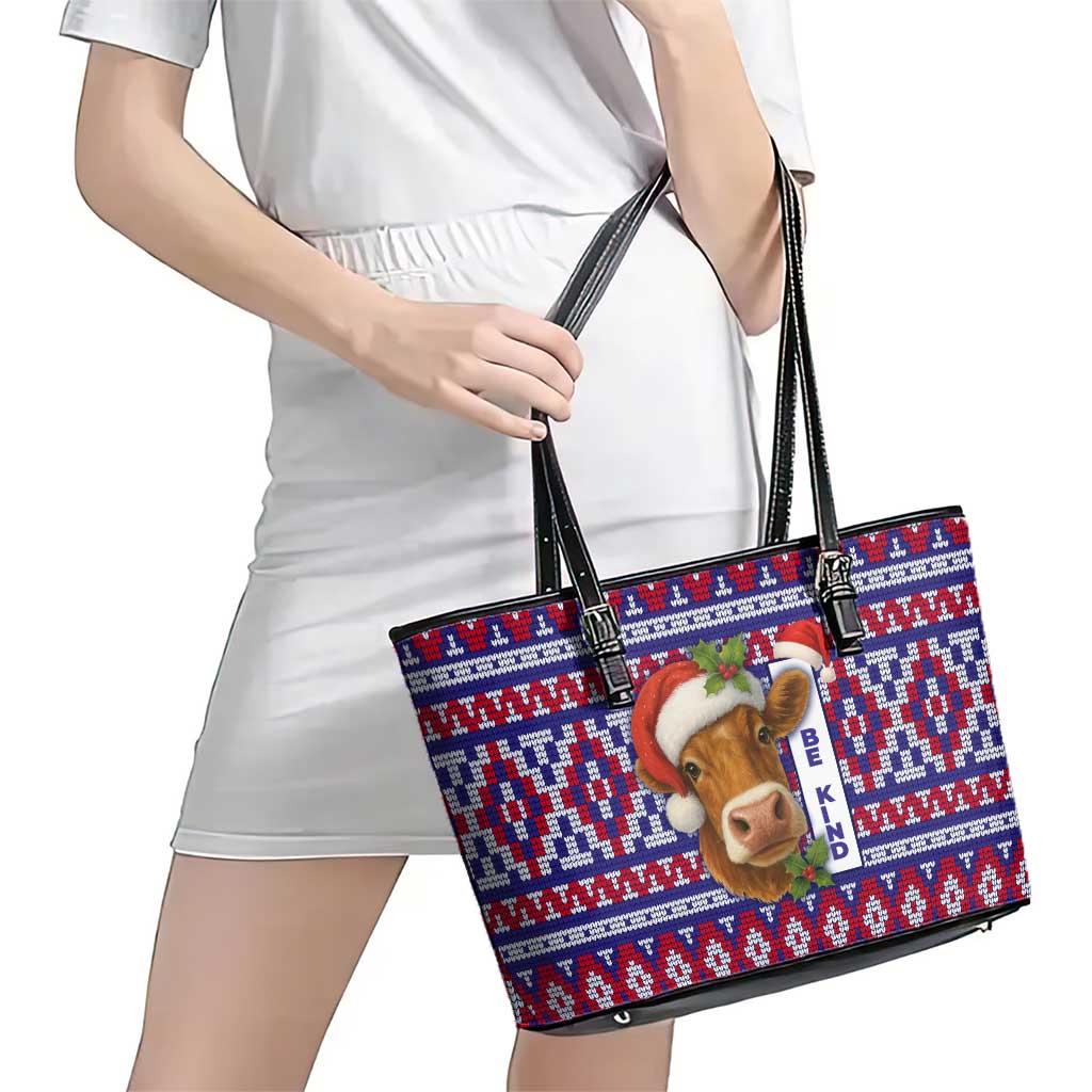 Cow in Santa Hat Be Kind Message Leather Tote Bag with Red Blue Knit Pattern Design - Wonder Print Shop