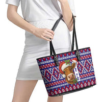 Cow in Santa Hat Be Kind Message Leather Tote Bag with Red Blue Knit Pattern Design - Wonder Print Shop