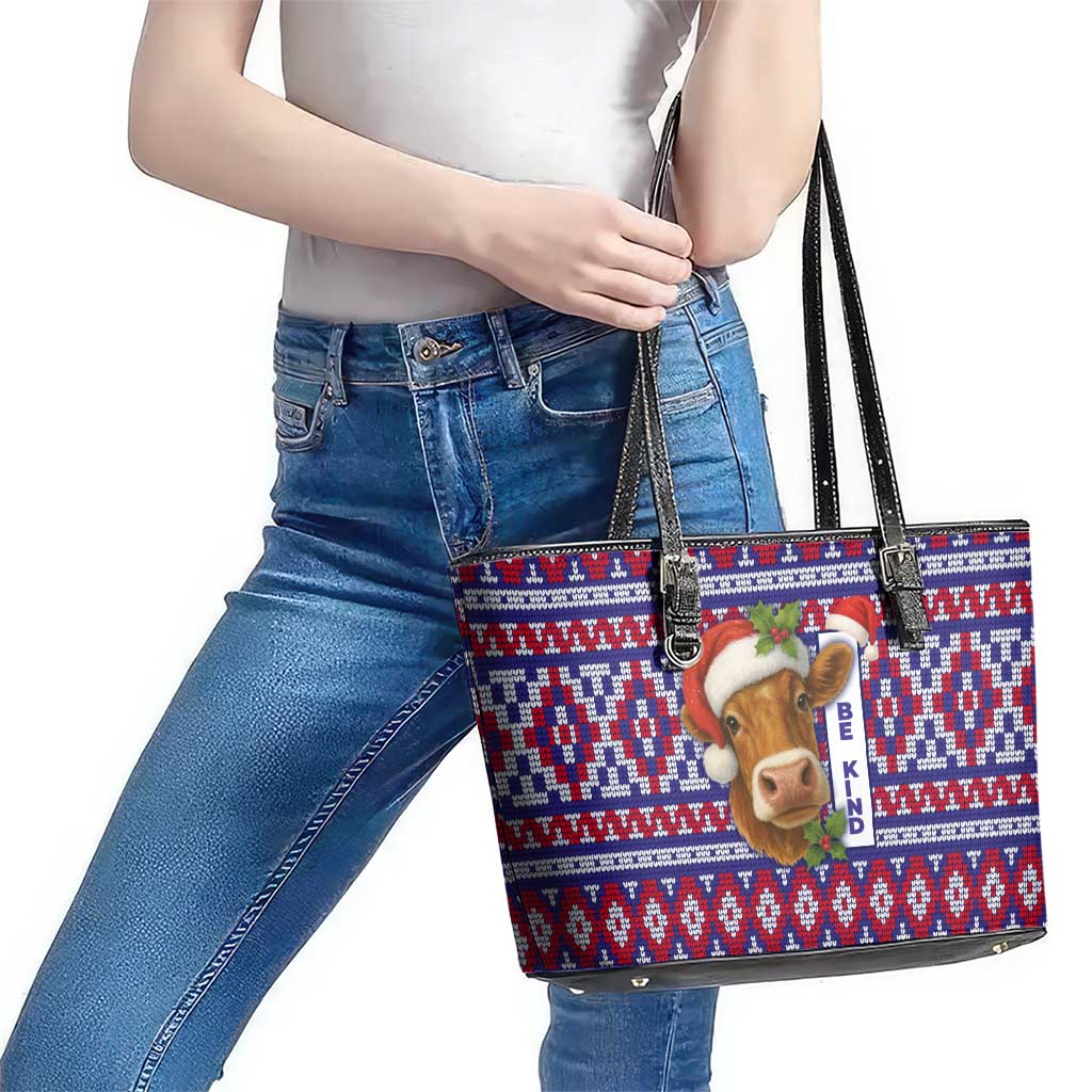 Cow in Santa Hat Be Kind Message Leather Tote Bag with Red Blue Knit Pattern Design - Wonder Print Shop