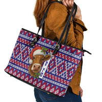 Cow in Santa Hat Be Kind Message Leather Tote Bag with Red Blue Knit Pattern Design - Wonder Print Shop