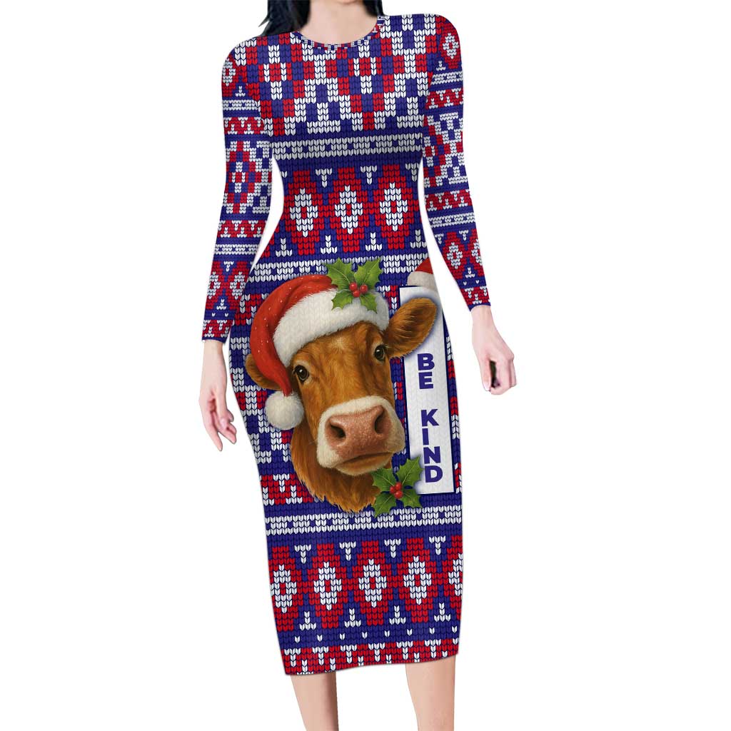 Cow in Santa Hat Be Kind Message Long Sleeve Bodycon Dress with Red Blue Knit Pattern Design - Wonder Print Shop