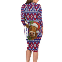 Cow in Santa Hat Be Kind Message Long Sleeve Bodycon Dress with Red Blue Knit Pattern Design - Wonder Print Shop