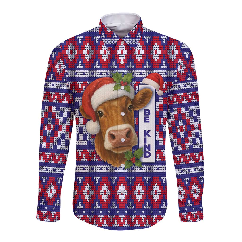 Cow in Santa Hat Be Kind Message Long Sleeve Button Shirt with Red Blue Knit Pattern Design - Wonder Print Shop