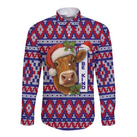 Cow in Santa Hat Be Kind Message Long Sleeve Button Shirt with Red Blue Knit Pattern Design - Wonder Print Shop