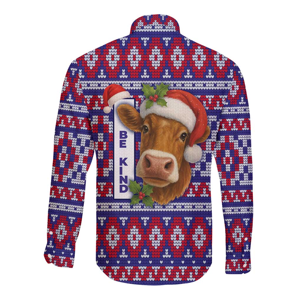 Cow in Santa Hat Be Kind Message Long Sleeve Button Shirt with Red Blue Knit Pattern Design - Wonder Print Shop