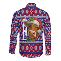 Cow in Santa Hat Be Kind Message Long Sleeve Button Shirt with Red Blue Knit Pattern Design - Wonder Print Shop