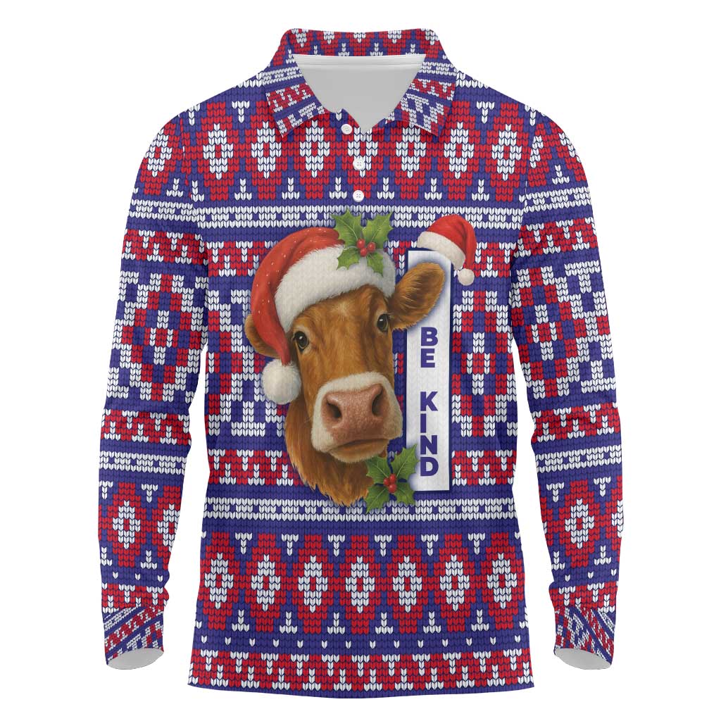 Cow in Santa Hat Be Kind Message Long Sleeve Polo Shirt with Red Blue Knit Pattern Design - Wonder Print Shop