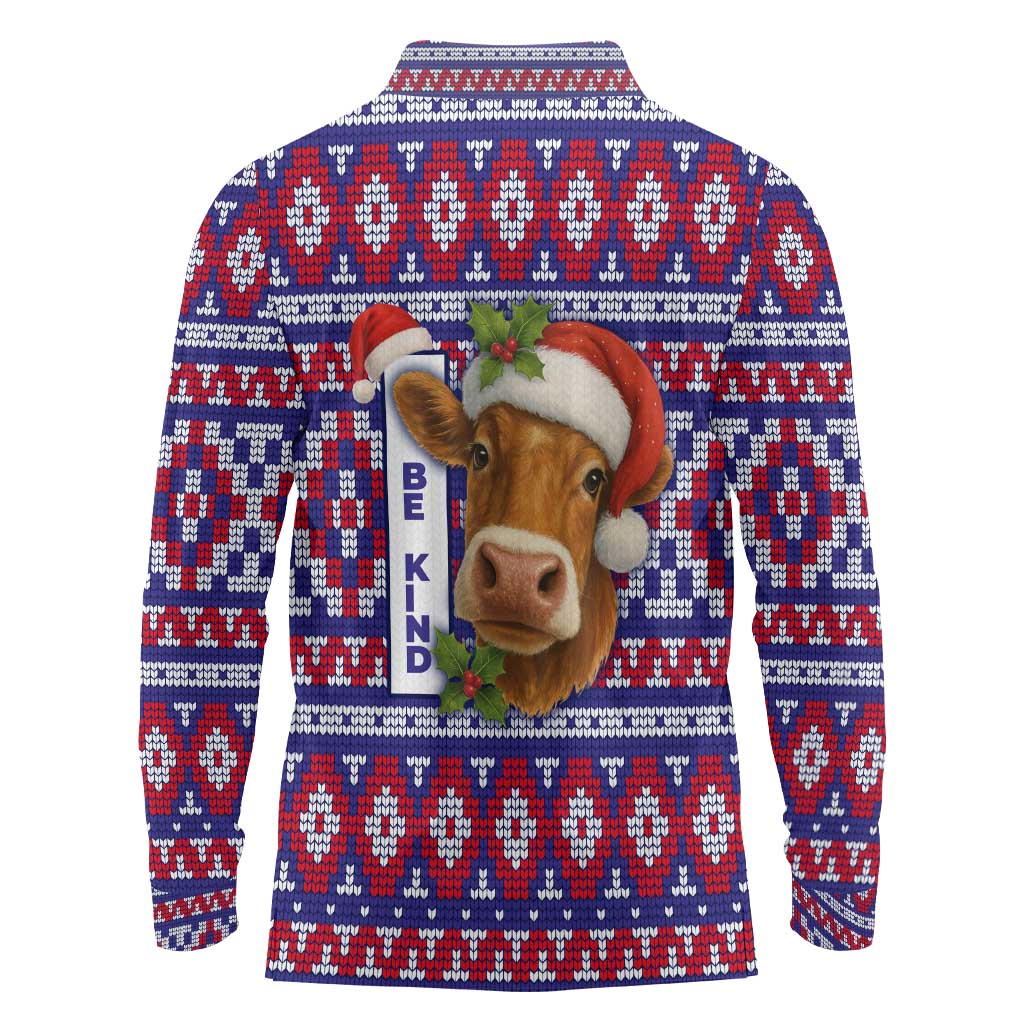Cow in Santa Hat Be Kind Message Long Sleeve Polo Shirt with Red Blue Knit Pattern Design - Wonder Print Shop