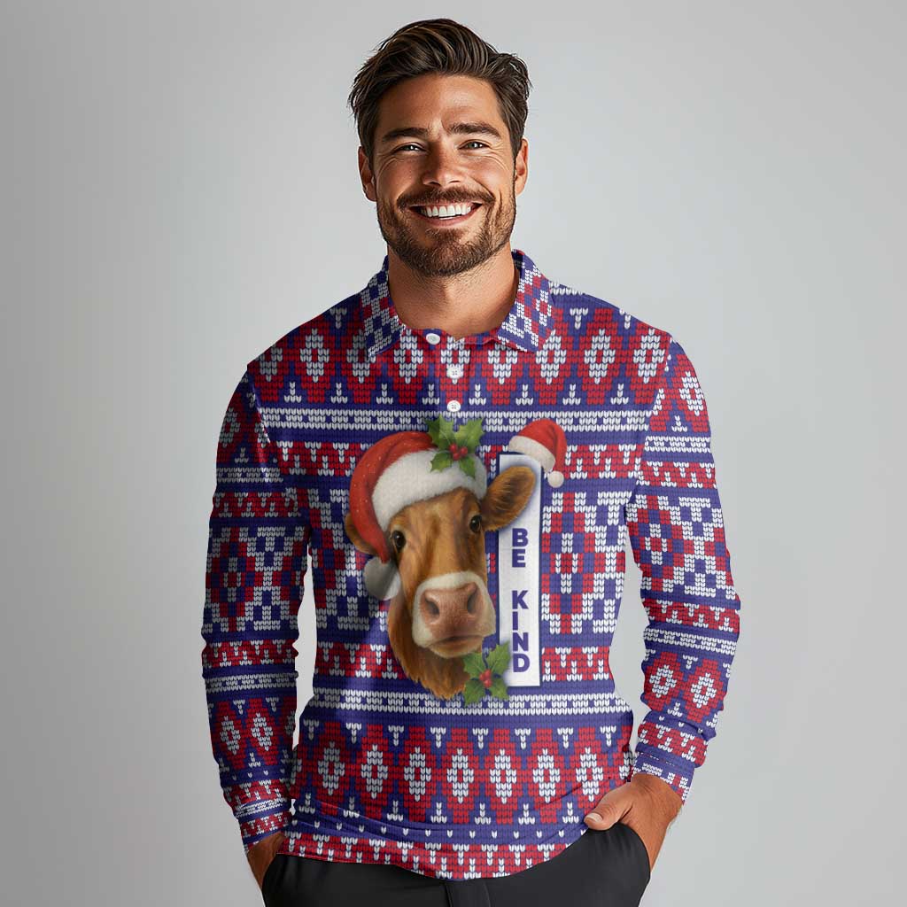 Cow in Santa Hat Be Kind Message Long Sleeve Polo Shirt with Red Blue Knit Pattern Design - Wonder Print Shop