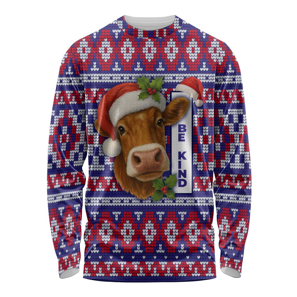 Cow in Santa Hat Be Kind Message Long Sleeve Shirt with Red Blue Knit Pattern Design - Wonder Print Shop